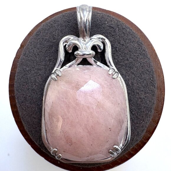 Jewelry - VTG Sterling Silver 925 Rose Quartz Prong Set Pendant Size 1.5" Length